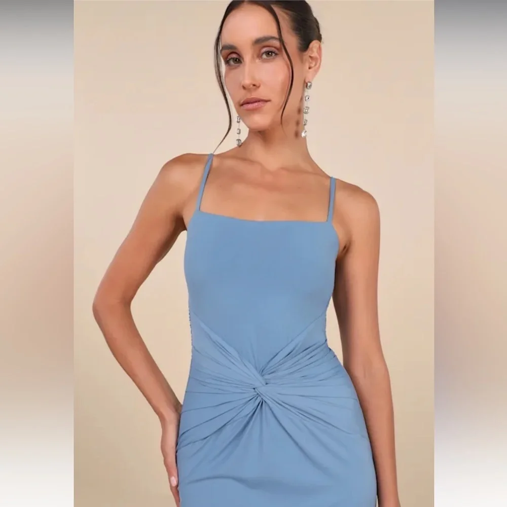 Lulus Mesmerizing‎ Reputation Slate Blue Twist-Front Bodycon Midi Dress Size XL